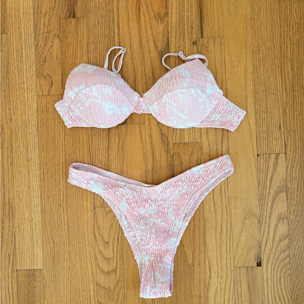 Light Pink and White Ribbed Bikini Set